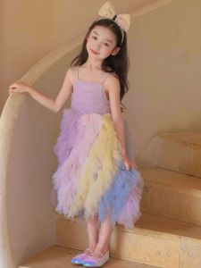 Girls Strap Rainbow Mesh Dress