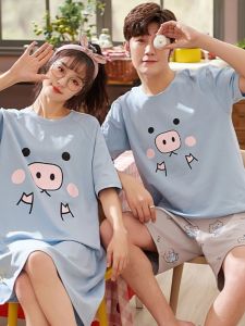 Summer Couple Sleepwear Loose Thin Short Sleeve Home Clothes Two-Piece Set Cute Pig Print Shorts Home Comfortable Cotton Blend