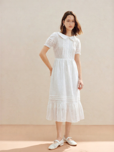 INMAN | 100% Xinjiang Cotton French Lace Doll Collar Puffed Sleeves Dress