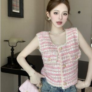 GUZILIAN | เสื้อกั๊กสเวตเตอร์แขนกุดลายทางสุดน่ารักสำหรับผู้หญิงในฤดูร้อน เสื้อคลุมกันหนาวแบบสวมหัว ผ้าขนแกะผสมโพลีเอสเตอร์ ความยาวปกติ