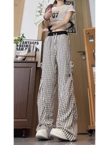 Quần Ống Đứng Kẻ Caro Mỏng Xếp Ly Mùa Hè Cho Nữ Phong Cách Hàn Quốc Quần Dài Đi Làm Ngoài Trời Quần Ống Đứng Rộng Rãi
