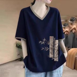 Contrast Color V-neck Loose Short Sleeve T-shirt Slimming