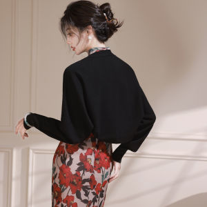 Vintage Chinese Style Black Knit Coverup for Everyday Wear Sun Protection