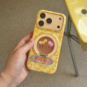 Sanrio | Magnetic Bracket Stand Leopard Print Black Skin Hello Kitty Case For iphone 17 16 15 Pro Max For Magsafe Shockproof Phone Cover