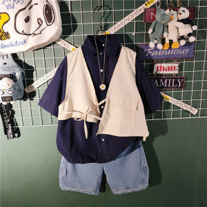 Short Sleeve Shirt Shorts Suit Mens Fancy Japanese Hong Kong Style Vintage Overalls Jacket Trendy Handsome Fried Street Shirt