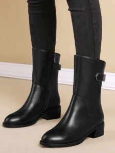 Comfortable Leather Womens Boots Fall Winter Mid-Calf Flat Bottom Short Boots Thick Heel Martin Boots Large Size Women Boots