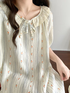 K-style Vertical Striped Texture Floral Nightdress for Women Summer Sweet Doll Collar Lace Trim Internet Celebrity Mid-Length Pajamas