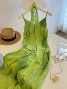 PAIBOLI | Beachy Vacation Style V-Neck Green Ombre Silk Strap Dress Korean High Waist A-Line Long Sleeve Summer Gown Single Piece