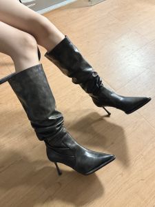 Fashionable Skinny Pointed Toe High Heel Pleated Leather Long Boots