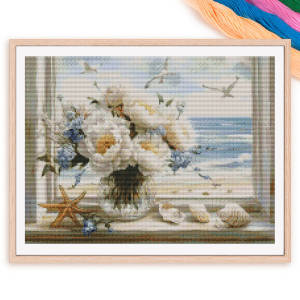 Full Embroidery 11CT Cotton Cross Stitch Peony Flower Vase Window Seagull New Collection 2025 Wall Decor Handmade Gift