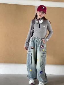 Cargo Denim Pants for Kids Girls 5-16Years old Celana Jeans Anak Perempuan High Quality Baggy Jeans Teen Girls Wide Leg Trousers Cartoon Embroidered Jeans Loose Jeans Comfortable Trending 2026 COD Korean Style