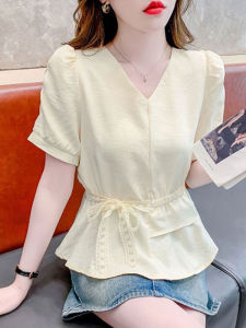 Elegant V-Neck Short Sleeve Womens Shirt Korean Style Slim Fit Chiffon Top Fashionable T-Shirt Summer New Arrival