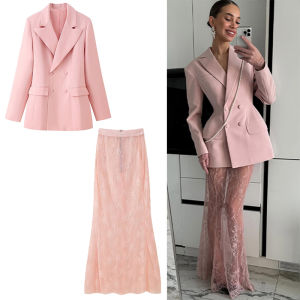 2025 Elegant Blazer Skirt Sets Women Two Piece Double Breasted Jacket Lace See Through Trousers Suits New Party Gown Set