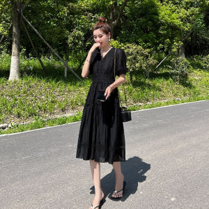 Elegant Black Lace Splice V-neck Dress Womens Summer High Waist A-line Skirt Stylish Slimming French Style Polyester Fiber