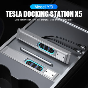 27W Car Type-C USB Quick Charger Multi Port For Tesla Model 3/Y Multifunctional Tesla Accessories And Retractable Cable USB Hub Center Console Adapter