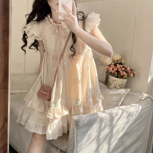 Adorable Sweet Princess Wind Summer Skirt for Women with Short Sleeves and Wood-ear Collar A-Line Leaf Edge Slimming Dress