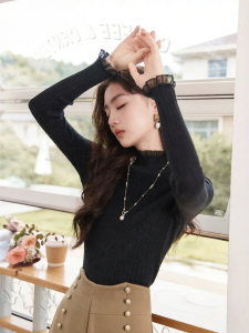 XIANGYING | Ladies Textured Stitching Soft and Cozy Black Knitted Sweater