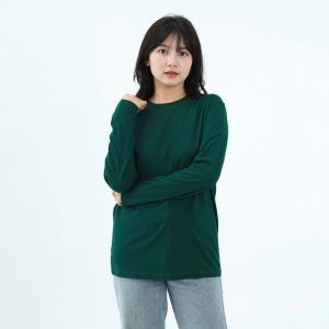 Kaos Polos Wanita Oneck Lengan Panjang Bahan Katun Combed 30s Warna Forest Green