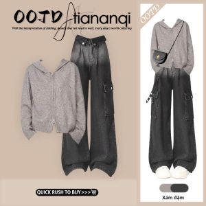TIANANQI | Bộ Quần Áo Jean Dài Tay Có Mũ Phụ Nữ Thu