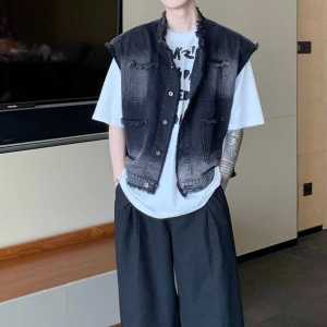 Áo Vest Denim Không Tay Cổ Chữ V Thêu Viền Tua Rua Mùa Hè Thường Ngày Cho Nam Áo Khoác Ngoài Công Sở Cổ Đứng Có Túi