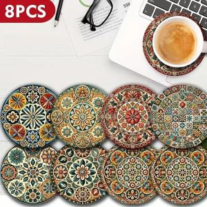 8pcs Moroccan Mandorla 2D Wooden Coasters Set Artistic Circular Beverage Markers for Coffee Tea Home Dining Table Decoration