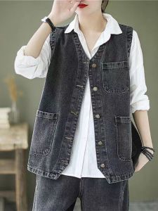 Áo Vest Denim Cổ Điển Đa Năng Cho Nữ Mùa Xuân Thu Ôm Vừa Vặn Thời Trang Có Túi Cổ Polo Một Nút Áo Khoác Ngoài