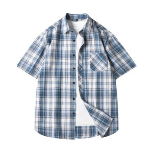 Light Blue Plaid Short Sleeve Mens Summer Stylish Fit Shirt