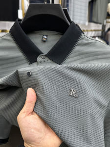 Silk Short Sleeve Men Polo Shirt Stripes Seamless Anti-Wrinkle Tops Summer Half Sleeve Middle-Aged T-shirt Ice Silk Fathers Clothes