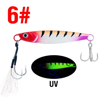 Sinking Metal Jig Fishing Lure 20g-60g Luminous UV Coating Hard Bait with Sharp Assist Hook for Sea Fishing Tenggiri GT
