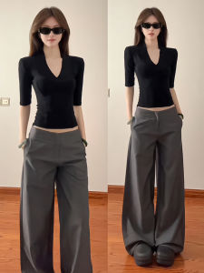 Gray Minimalist Style Wide Leg Pants Womens Autumn 2025 New High Waist Drape Straight Casual Pants Elegant Feel Commute