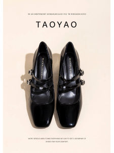 รองเท้าส้นสูง Mary Janes ทรงสี่เหลี่ยม สายรัดหัวเข็มขัด ทรงสี่เหลี่ยม รองเท้าส้นแบนแบบสวมสำหรับผู้หญิง ฤดูใบไม้ผลิและฤดูใบไม้ร่วง