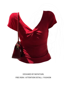 เสื้อยืดแขนสั้นผู้หญิงไซส์ใหญ่สไตล์ฝรั่งเศส ทรงเข้ารูป คอวี สีพื้น ชุดทำงานฤดูร้อน ผ้าฝ้ายผสมโพลีเอสเตอร์