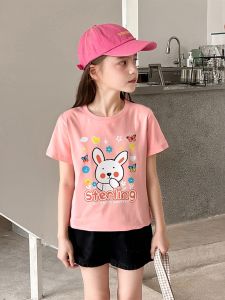 Summer Cotton T-shirt for Girls Short Sleeve Pure Cotton Print Childrens Clothing Korean Style Casual Loose Fit round Neck