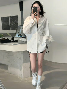 White Loose Long Sleeve Splashed Ink Shirt Casual Fashionable Summer Sun Protection Couple BF Style Womens Premium Shirt