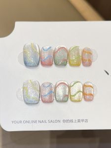 Summer Vitality Girl Bright Jumping Dopaamine Colorful Wave Line Sparkling Cat Eye Gradient Nail Art Stickers Bright Neon Pastel