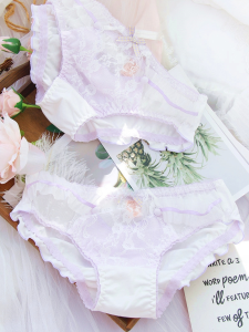 กางเกงชั้นในผ้าฝ้ายลายดอกไม้เอวต่ำสำหรับเด็กผู้หญิง ทรงสามเหลี่ยม ขอบลูกไม้ ผ้าฝ้ายแท้ กางเกงชั้นในสตรี คอลเลกชันฤดูร้อน 2024