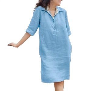 ชุดเดรสทรงหลวมสีพื้นพร้อมเข็มขัดปิดกระดุม แขนยาว กระโปรงทรงเอ คอวี ทรงหลวม สไตล์สตรีท ฤดูใบไม้ผลิและฤดูร้อน