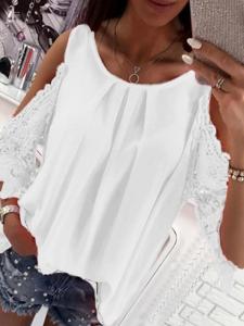 Casual Lace Sleeve Pleat Blouse Hollow Street Style Shirt Womens Short Sleeve round Neck Blouse Fashionable Ladies Shirt