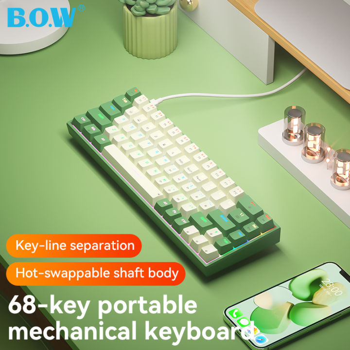 BOW G68S Wired Mechanical Gaming Keyboard 68 Keys ABS Hot-swappable Mixed light Detachable Type-C Wired Wireless BT Gaming Keyboards Anti-ghosting