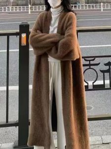 Autumn Winter Thickened Long Knee-Length Sweater Coat Loose Lazy Style Water Rabbit Fur Simulation Open Cardigan Outerwear