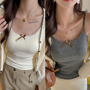 MiiOW | Áo ba lỗ ren thắt nơ cho nữ mùa hè 2025 Áo chui đầu cổ chữ U có đệm ngực đa năng che phủ thịt của MiiOW Cat Person Sweet Style