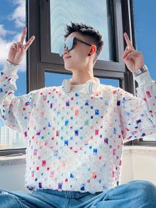 Oboy Mens Plaid Hoodie Spring Autumn Loose Long Sleeve round Neck T-Shirt Trendy Brand Hole Design Casual Comfortable Top