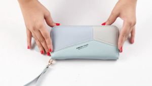 Fashion Colorblock Long Purse Multifunctional Zipper Purse Womens Clutch Wallet With Wristband & Tassel Decor