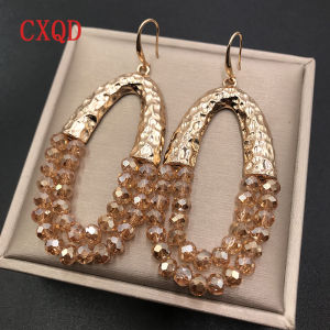 Handmade Big Long Oval Glass Beads Earrings for Women Exaggerated Simple Geometric Metal Dangle Jewelry Accessory for Party Gift