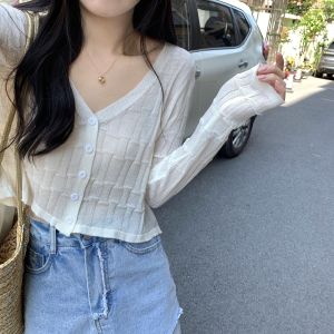 Womens Knitted Short Open Cardigan White Outerwear Top V-neck Button-up Sleeveless Fashionable Early Autumn New Arrival