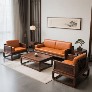 New Chinese Style Solid Black Walnut Wood Sofa Set Simple Zen Aesthetic Genuine Leather Home Furniture Modern Simplicity