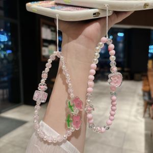 Womens Mobile Phone Chain Crystal Beads Bracelet Anti-Loss Short Rope Handmade DIY Bear Design Premium Feel Digital Accessory