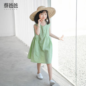 Cai Dad Green Plaid Summer Dress Thin Cotton Girls Clothing Fresh Style Outdoor Fresh Cotton 100% Sleeveless Skirt Dress