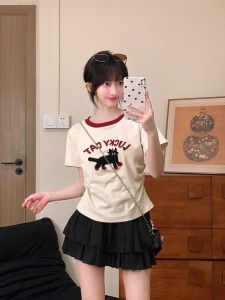 Fancy Rainbow Polka Dot Short Sleeve Female Cartoon Embroider Cat Pattern T-shirt Contrast Color round Neck Sweet Girl Waist Trimming Short Tops