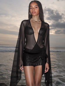 Kliou ตาข่ายไม่สม่ําเสมอผู้หญิงชุดมินิเซ็กซี่ดูผ่าน Chic แขนยาวลึกต่ําคอ Slim Vestidos Mujer Coquette Frock